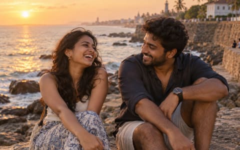 A couple having a happy conversation in a beach