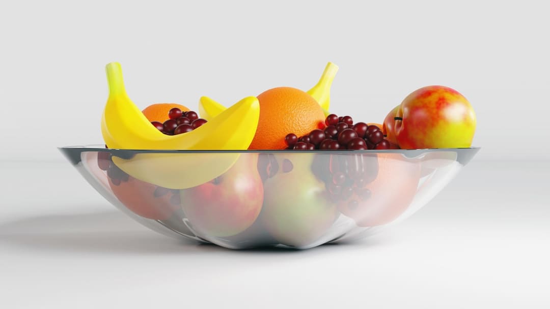 fruits, still life, tropical fruits, apples, oranges, bananas, grapes, 3d render, 3d mockup