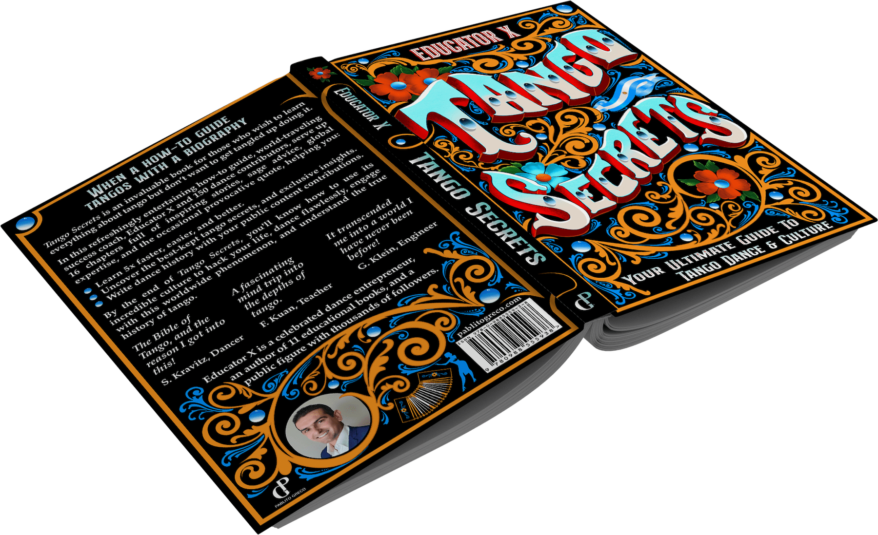 Front and Back cover of Tango Secrets Book with the Fileteado cover design