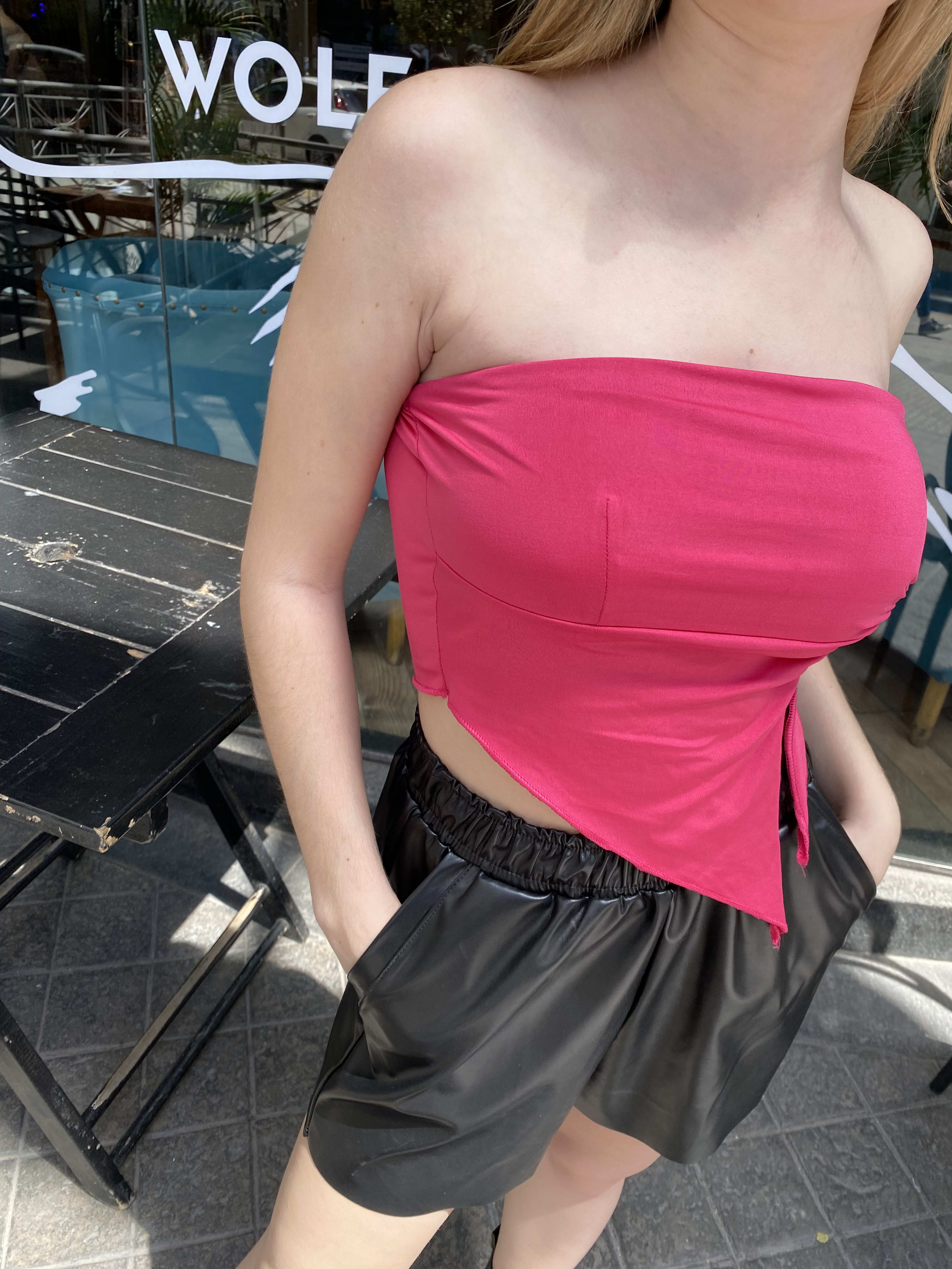 Top bandeau fucsia satinado