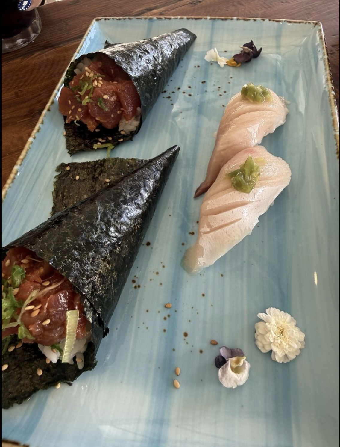 Bluefin Tuna Hand Roll and Hamachi Nigiri