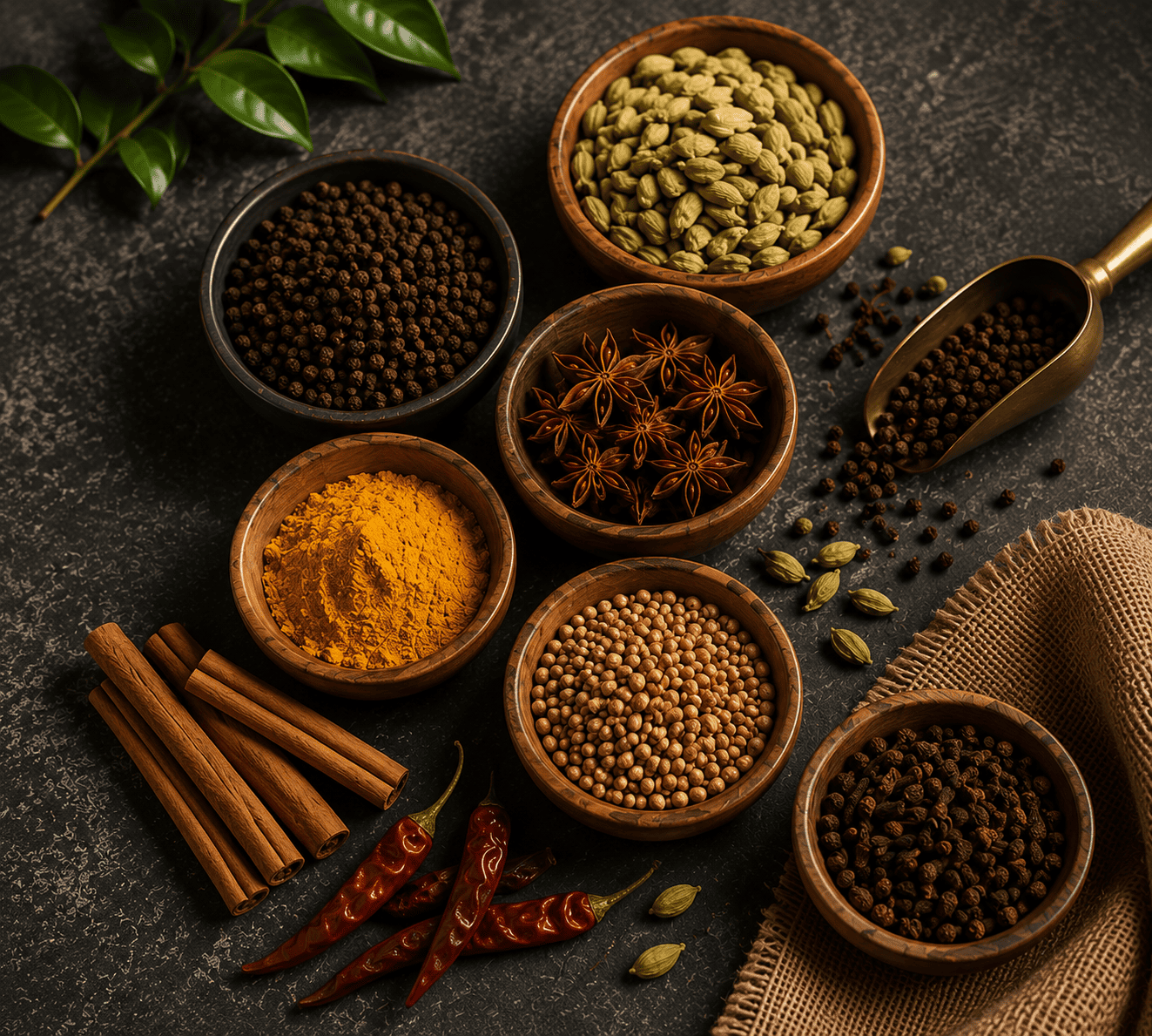 Assorted spices on a dark slate background