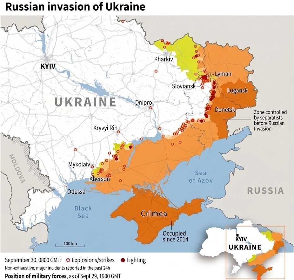 Mapa ne'e hatudu área sira ne'ebé Rusia okupa iha Ukraina, liuliu iha leste no sul nasaun ne'e, no mós pontu sira ne'ebé iha kombate no atake durante konflitu
