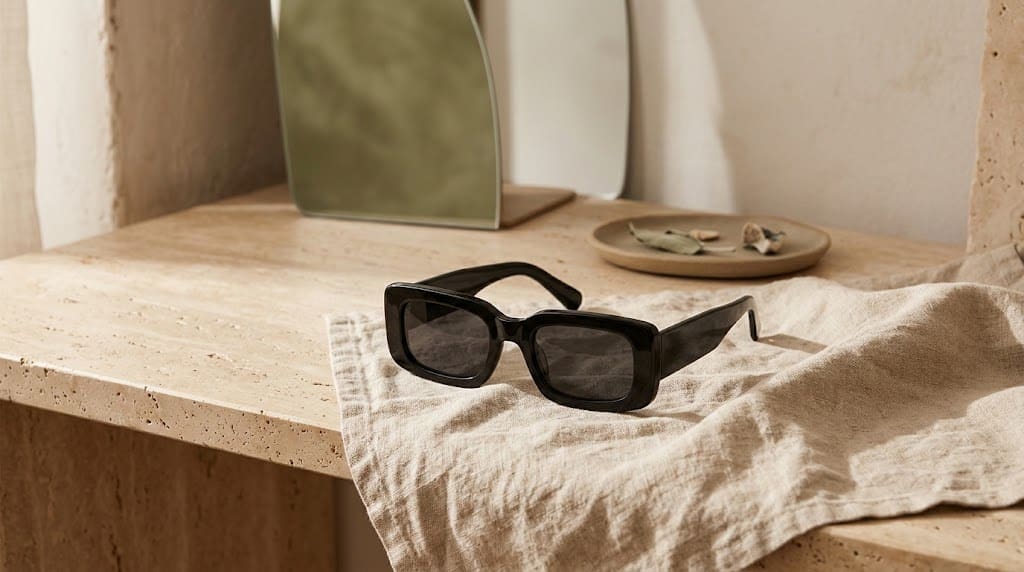 A thick black rectangular acetate sunglass frame placed open on a clean beige linen cloth