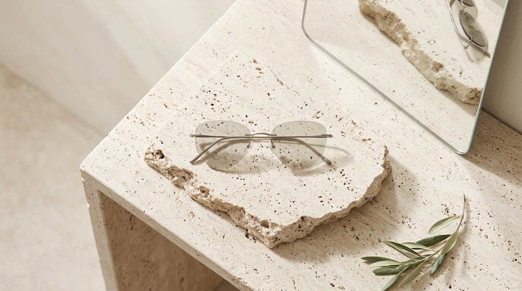 A rimless pair of sunglasses with delicate titanium arms resting on a raw piece of light travertine marble