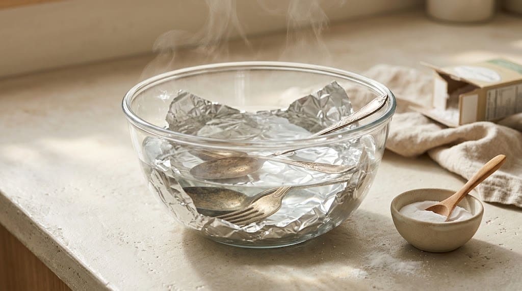 Un cuenco de cristal con papel de aluminio brillante en el fondo y agua humeante