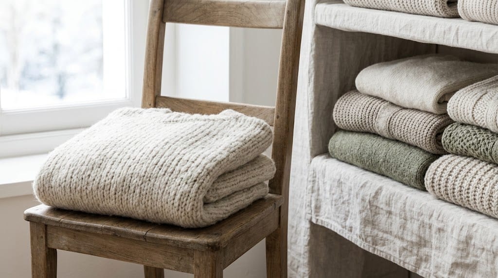 Un jersey de punto grueso doblado sobre una silla de madera cerca de una ventana con luz de invierno