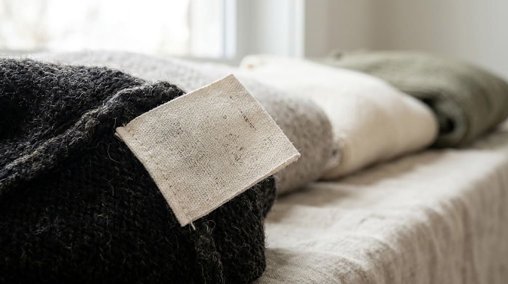 A close-up of a woven clothing care label attached to a dark wool garment, lit by soft natural side light showing woven text threads