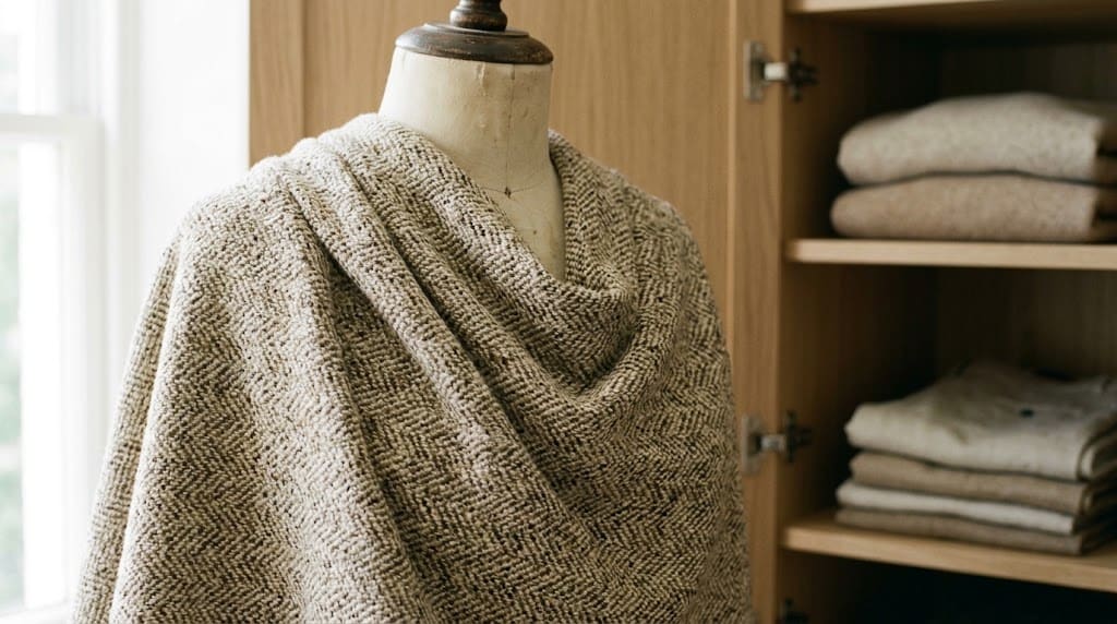 Primer plano de la textura de un tejido de tweed en tonos beige y marrón sobre un maniquí de sastre