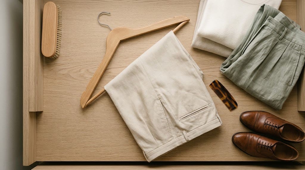 Un pantalón de pinzas colgado en una percha de madera en un vestidor ordenado