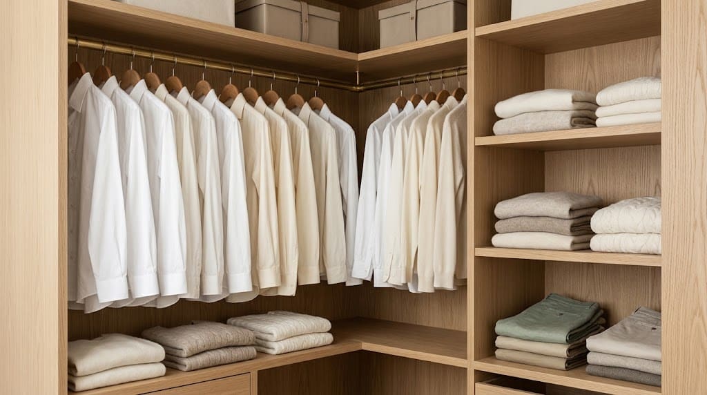 Un armario abierto con perchas de madera y camisas blancas perfectamente ordenadas por tonalidades