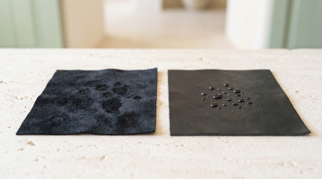 Superficie de cuero oscuro con pequeñas gotas de agua retenidas en la parte superior sin llegar a ser absorbidas