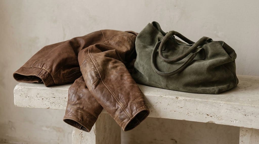 Close-up of a well-worn leather jacket sleeve showing natural creases and a soft suede bag with a slightly flattened texture on the handle,