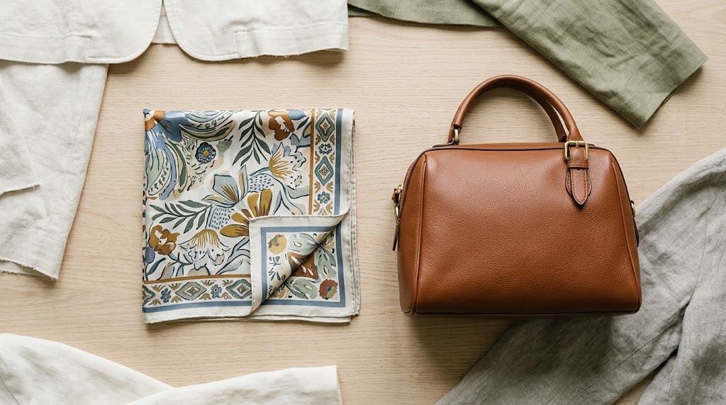 Un pañuelo estampado doblado cuidadosamente al lado de un bolso de mano de cuero marrón