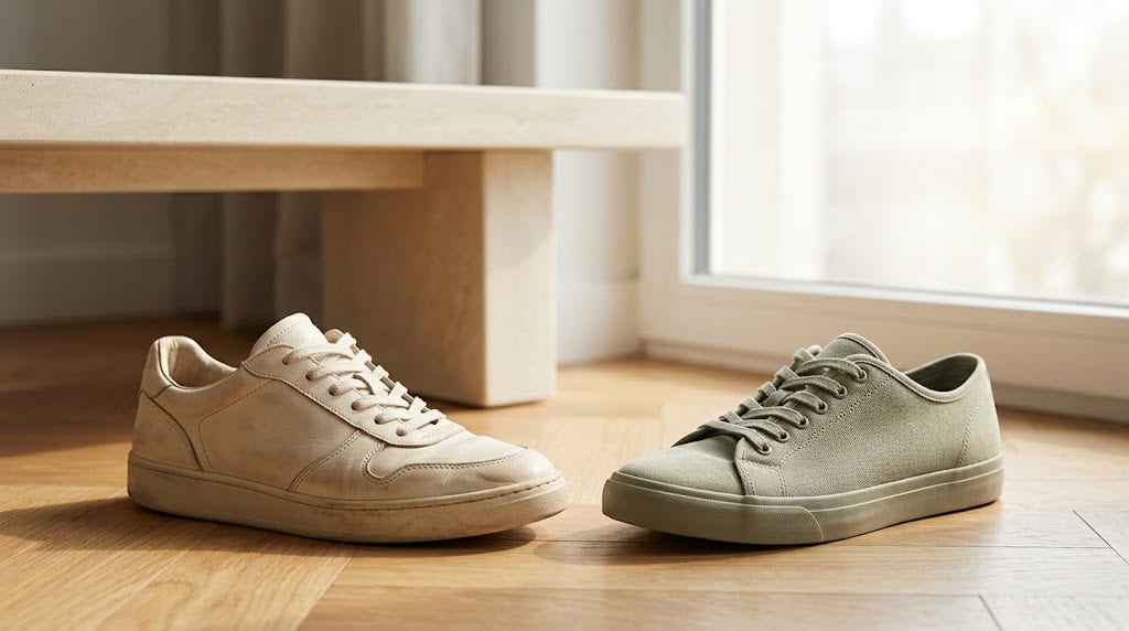 Dos zapatillas de materiales distintos colocadas sobre suelo de parqué junto a una ventana con luz natural
