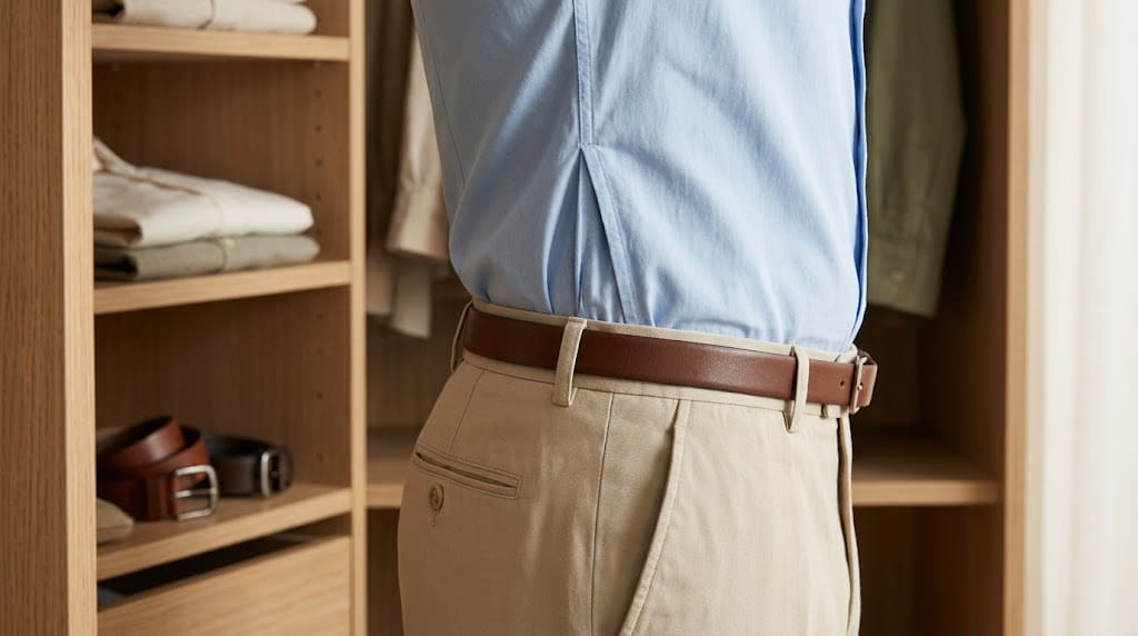 Manos ajustando el pliegue lateral de una camisa azul clara introducida en el interior de unos pantalones de tiro alto