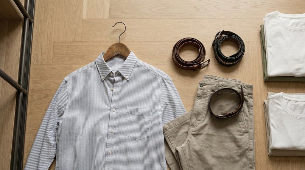 Una camisa masculina de rayas colgada en una percha de madera junto a un perchero metálico en una habitación luminosa
