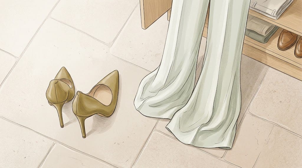 Unos zapatos de tacón alto junto al dobladillo largo de un pantalón de traje de caída fluida sobre suelo de baldosas