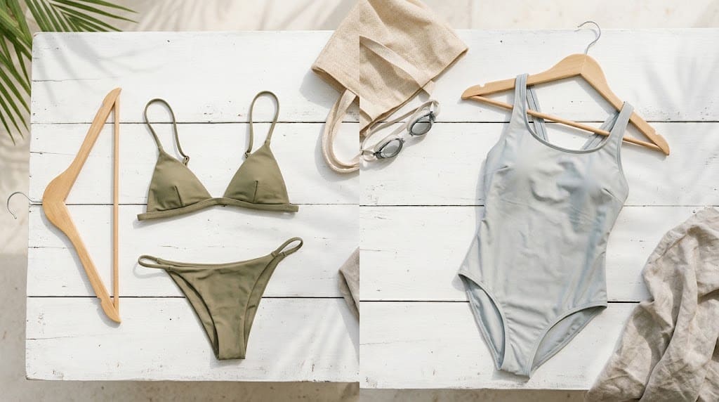 Dos perchas de madera colgadas contra una pared blanca con un bikini minimalista y un bañador clásico