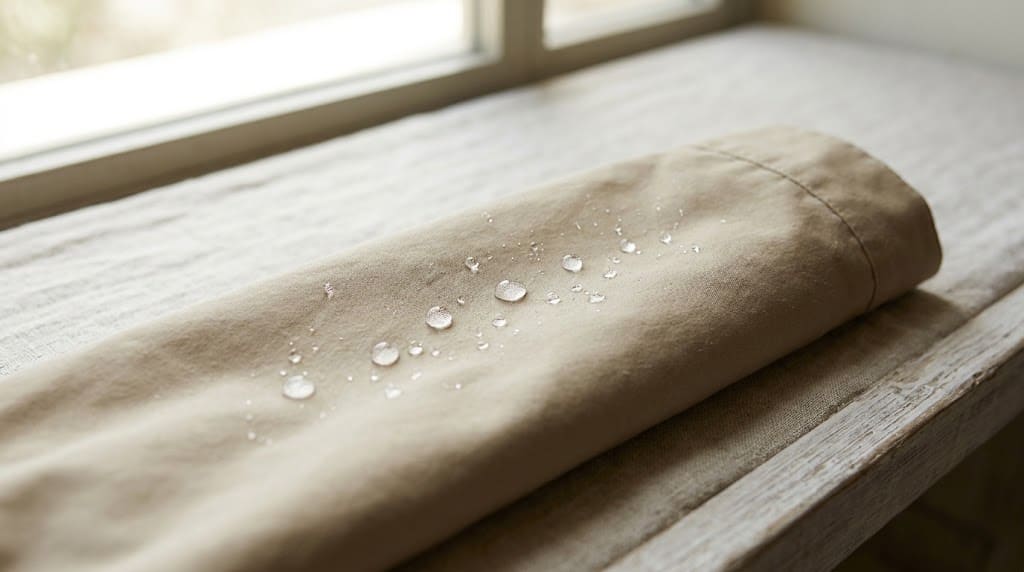 Gotas de agua redondas acumuladas sobre la superficie de un abrigo beige sin llegar a mojar la tela