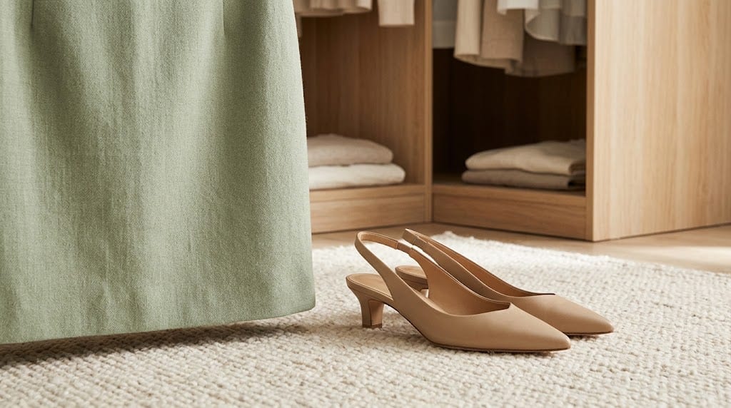 Un par de zapatos de tacón bajo apoyados sobre una alfombra de lana clara junto al bajo de una falda de corte recto