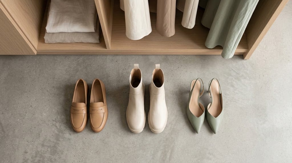 Tres pares de zapatos diferentes alineados sobre una superficie de cemento pulido