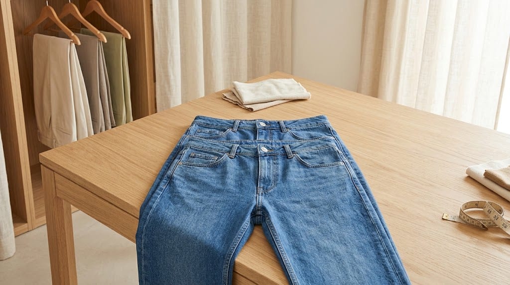 Dos pantalones vaqueros idénticos en tono azul medio colocados planos sobre una mesa de madera clara, uno encima del otro para que se apreci