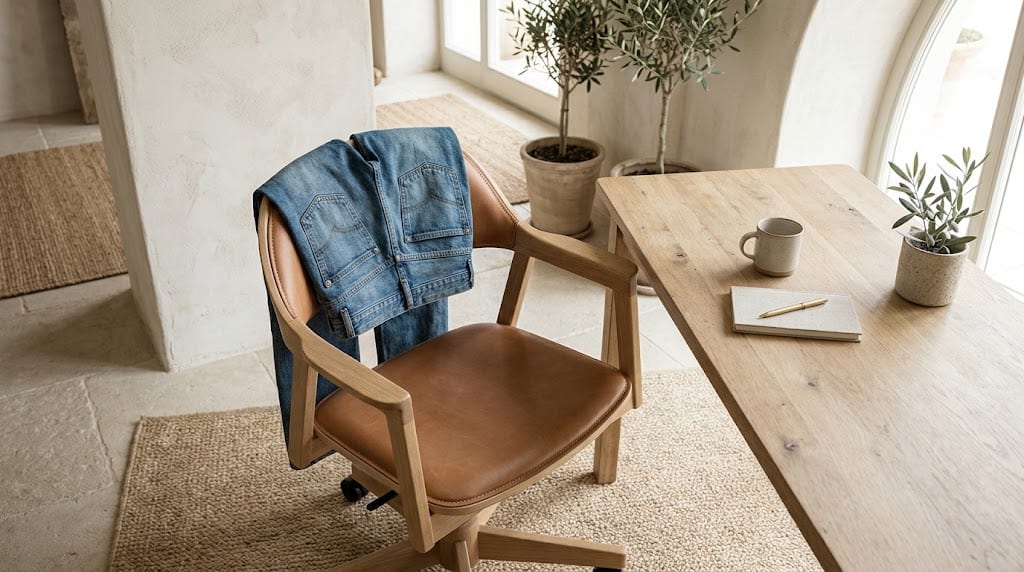 Una silla de oficina de madera y cuero vista de perfil junto a una mesa de trabajo, con unos vaqueros doblados sobre el respaldo mostrando l