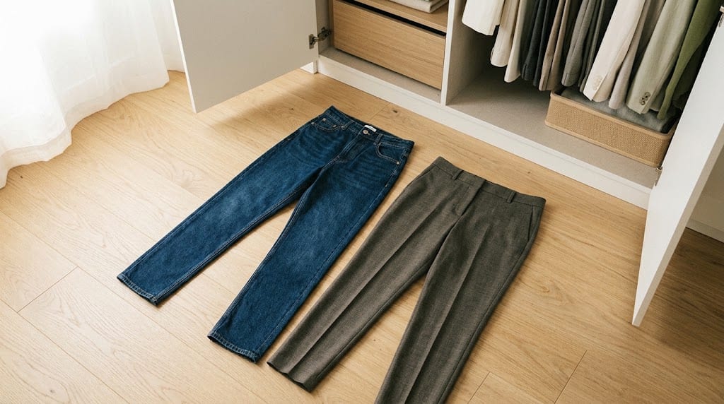 Dos pares de pantalones colocados en paralelo sobre un suelo de madera natural: un pantalón sastre de vestir con tiro medio y un vaquero osc