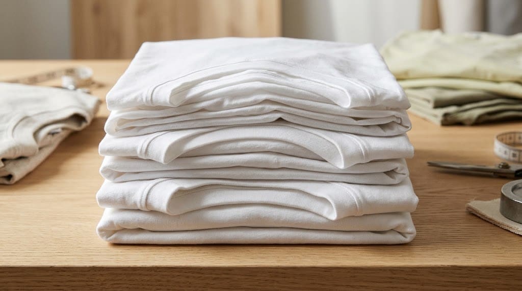 Three folded white cotton crewneck t-shirts stacked vertically on a neutral wooden bench, showing clear differences in fabric thickness and