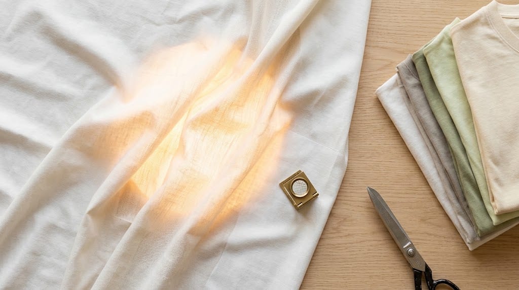 A single white cotton fabric panel draped in front of a warm backlighting source, revealing the level of light filtering through the weave