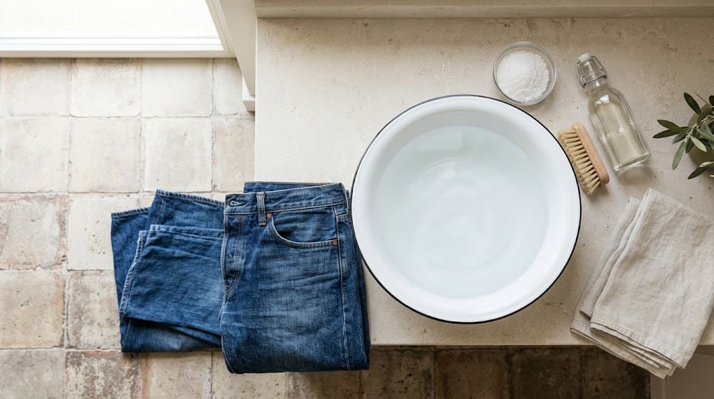 Un barreño esmaltado blanco con agua cristalina y un vaquero doblado al lado sobre un suelo de baldosas hidráulicas