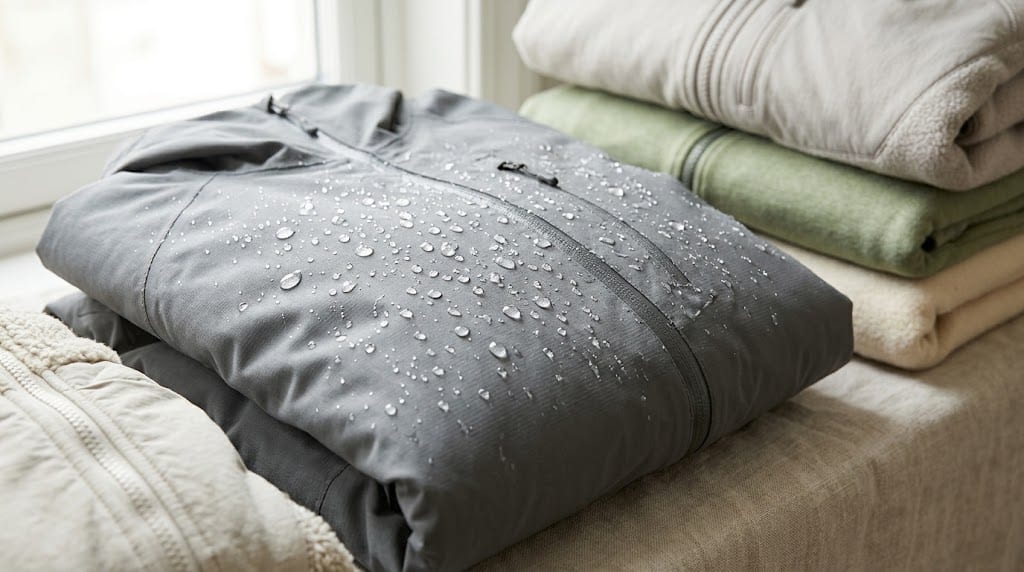 Gotas de agua condensadas sobre la superficie mate de una chaqueta impermeable gris