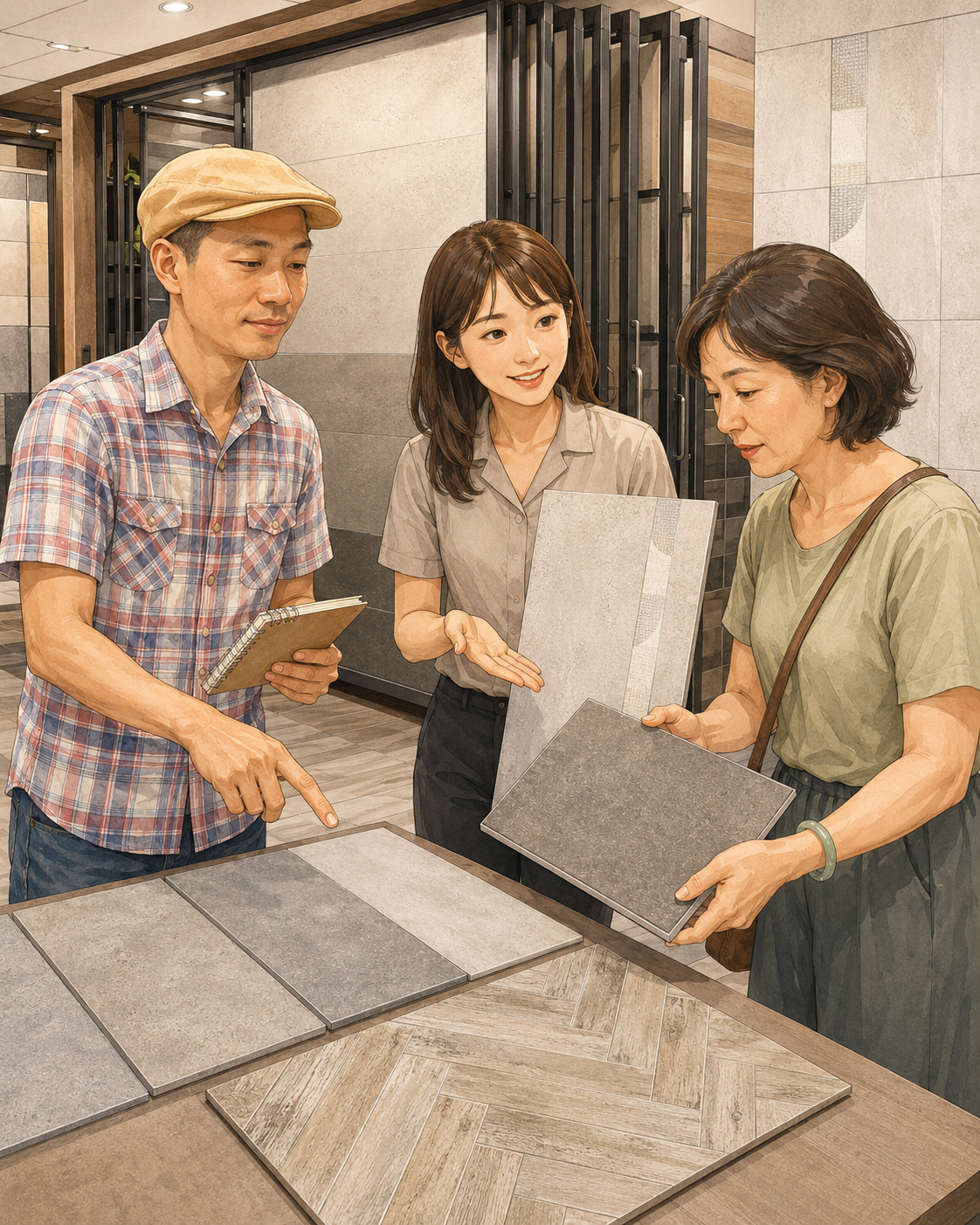 研質和木經營者陪同屋主在瓷磚展示店比較灰色浴室磚與木紋磚,店內接待人員在旁說明