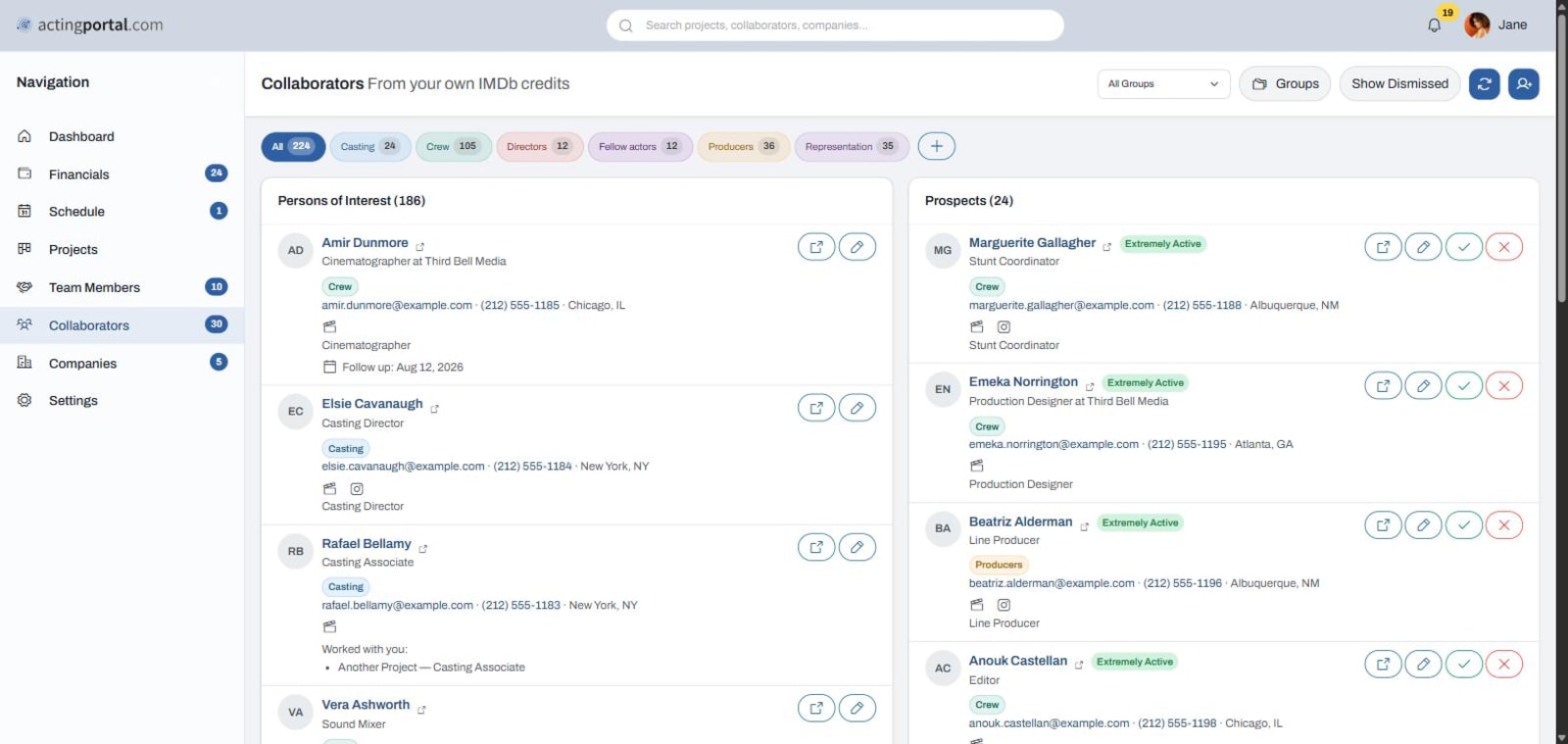 The Collaborators page, listing everyone credited alongside you with their contact details and category