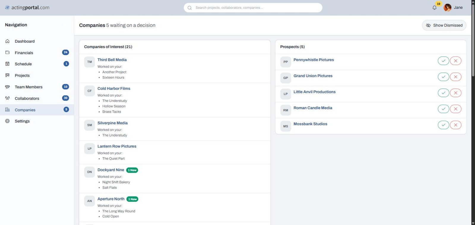 The Companies page, each production company listed with the projects you worked on together