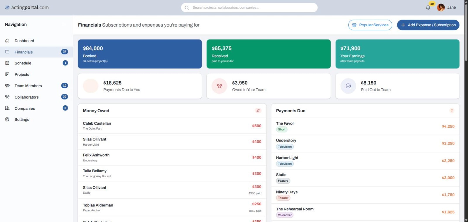The Financials page, showing money booked and received, payments due to you and what you owe your team