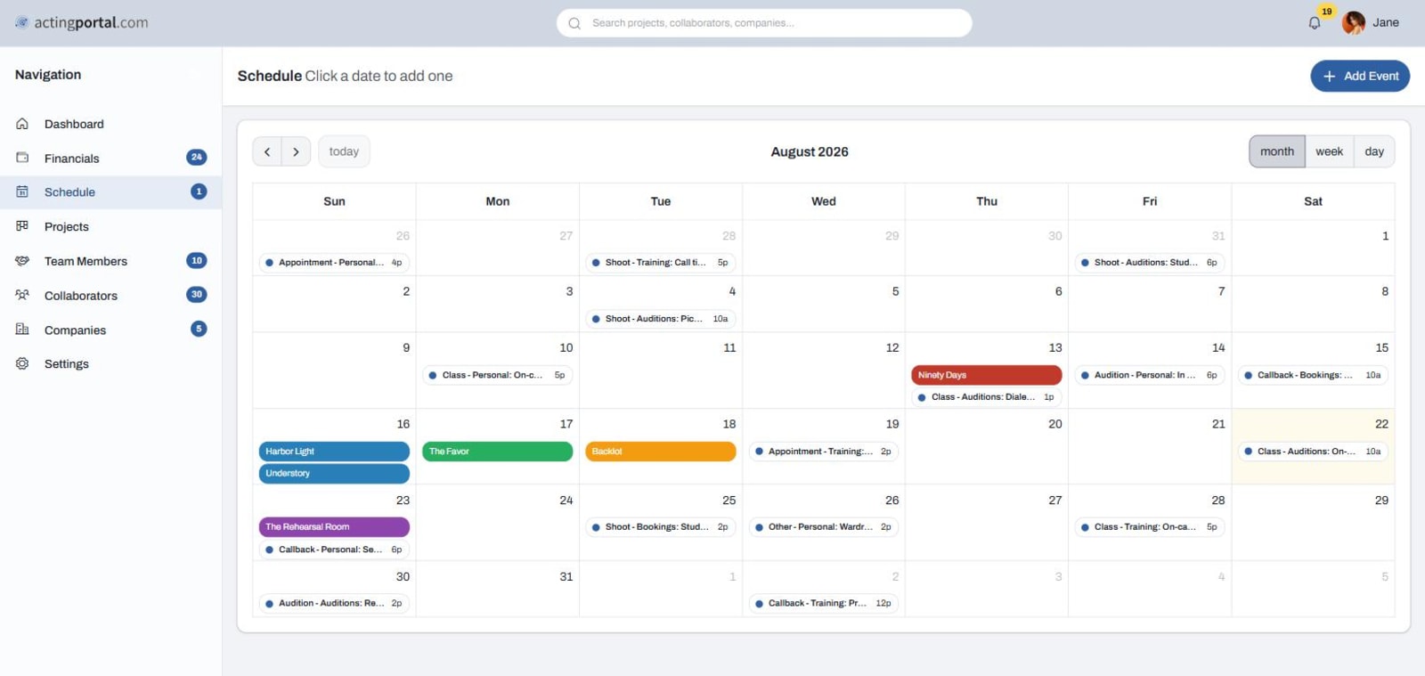 The Schedule page, a month of color-coded auditions, callbacks, classes and shoot days