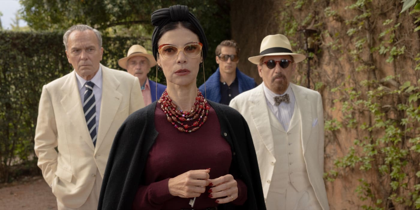 José Coronado, Gonzalo de Castro, Pepón Nieto, Maribel Verdú e Martiño Rivas num jardim, El problema final