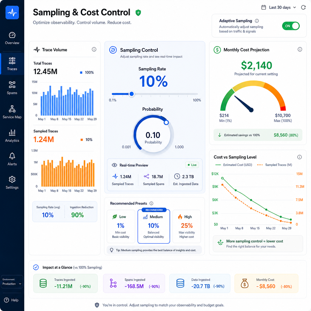 Supporting image 2 — Sampling & cost-control dashboard mockup: Clean, modern UI dashboard in flat ve
