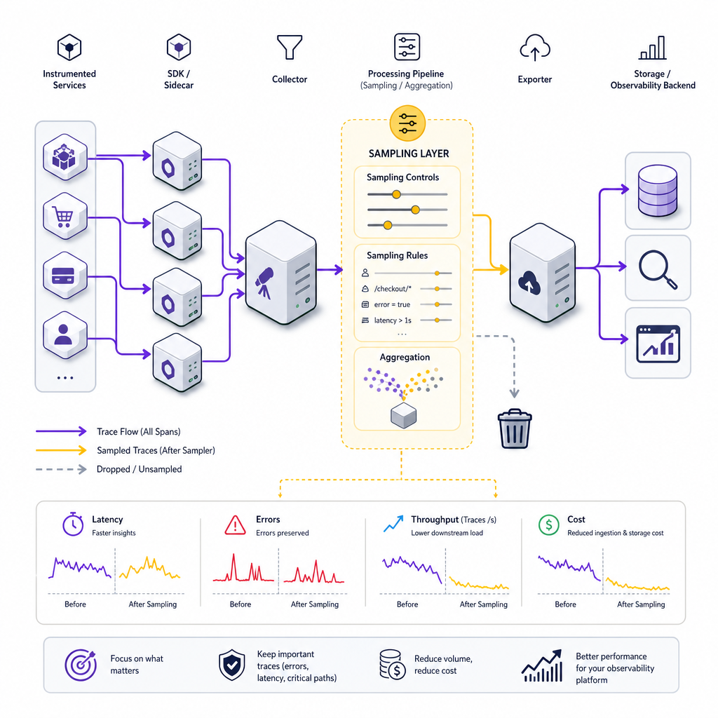 Supporting image 3 — Tracing architecture diagram (pipeline & sampling layer): Clean schematic isome