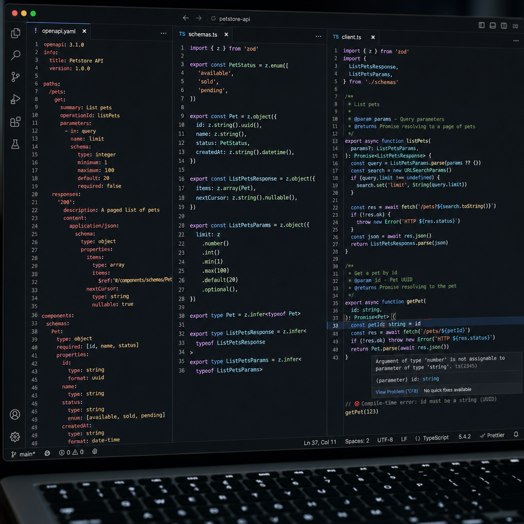 Supporting image 2 (developer code close-up): realistic IDE mockup (dark theme similar to VSCode) wi
