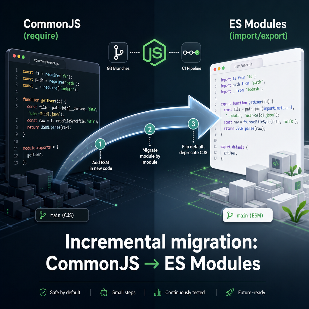Image 1: Featured hero image — 'Incremental migration: Comm Featured hero image — 'Incremental migration: CommonJS → ES Modules'. Wide banner composition, moder