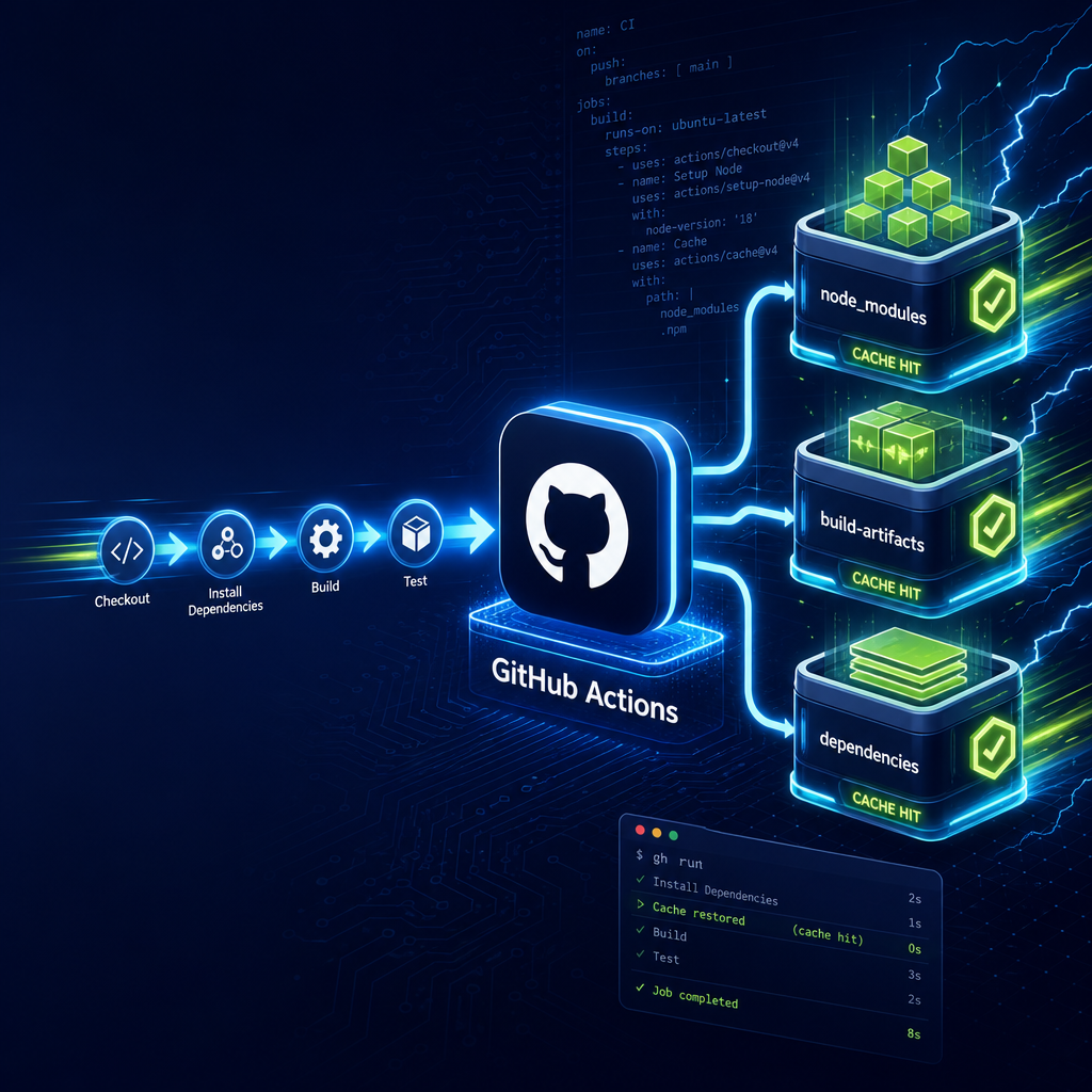 FEATURED HERO IMAGE — Modern, high-impact hero illustration for a blog header about GitHub Actions c