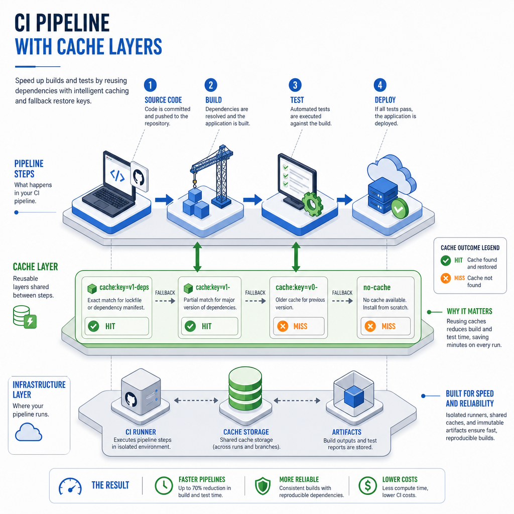 SUPPORTING IMAGE — Isometric diagram of a CI pipeline with cache layers: three-tier isometric compos