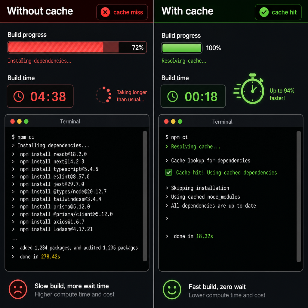 SUPPORTING IMAGE — Close-up split-screen comparison showing 'Without cache' vs 'With cache': left si