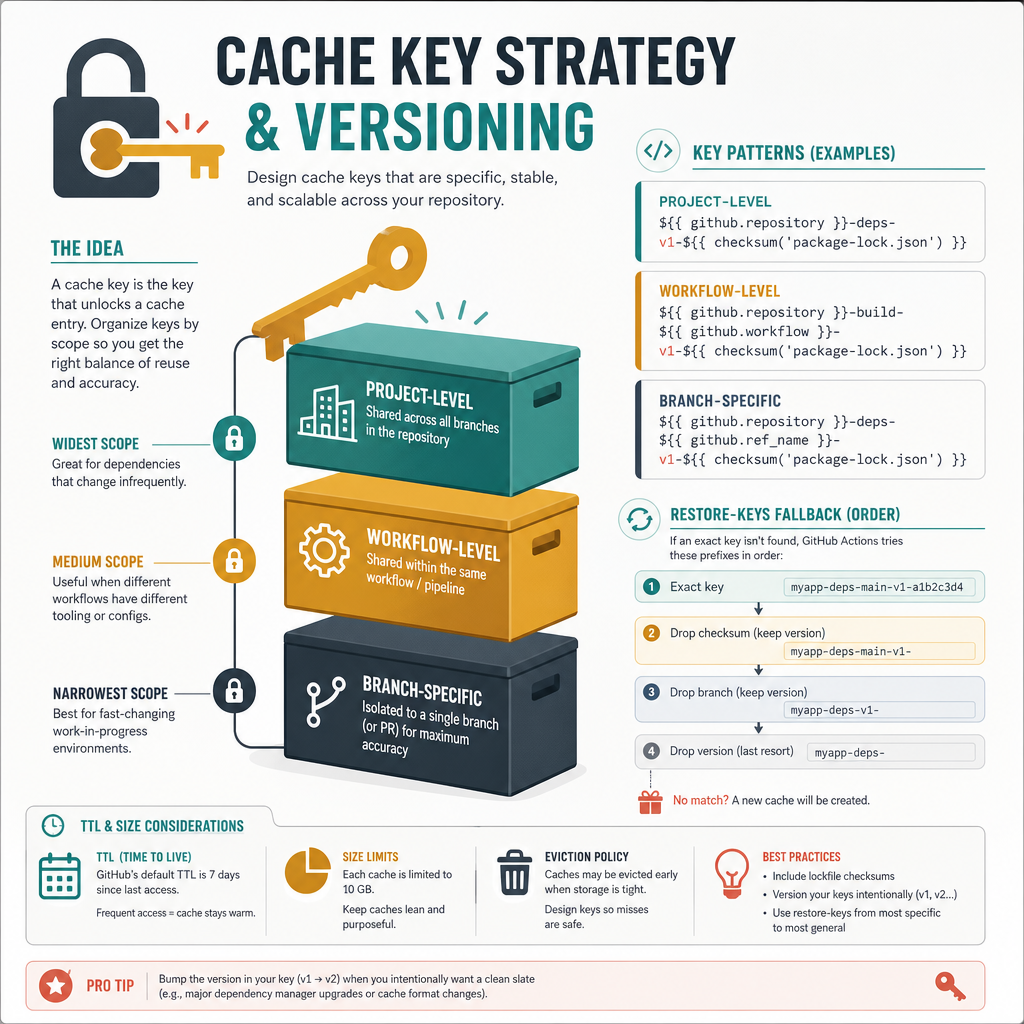 SUPPORTING IMAGE — Visual explainer of cache key strategy and versioning: minimalistic flat-vector i