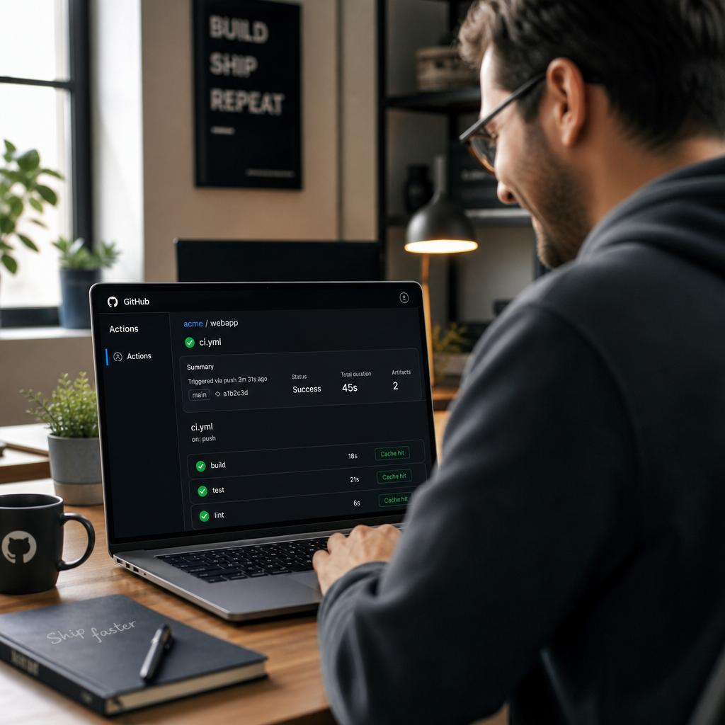 SUPPORTING IMAGE — Developer-focused lifestyle shot: modern developer at a tidy desk, looking reliev
