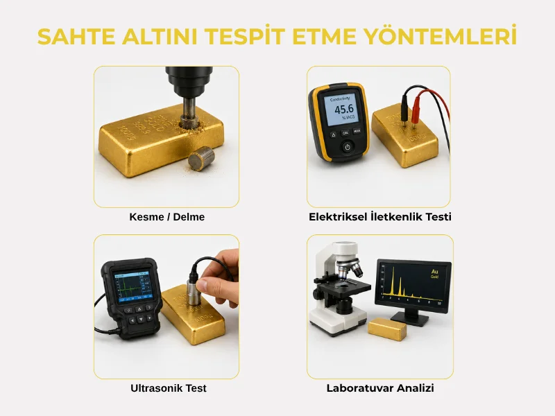 Sahte altını tespit yöntemleri: kesme/delme, elektriksel iletkenlik testi, ultrasonik test ve laboratuvar analizi