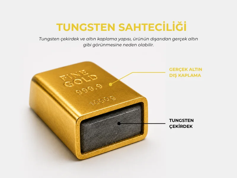 Tungsten çekirdekli sahte altın çubuğu — dışı gerçek altın kaplama, içi tungsten çekirdek